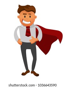 Cartoon superhero standing with cape waving in the wind. Successful happy hero businessman. Concept of success, leadership and victory in business. Young entrepreneur in a superman's cloak.