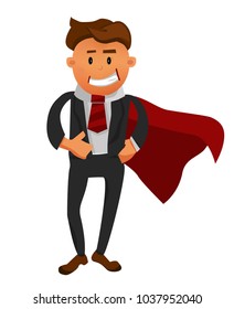 Cartoon superhero standing with cape waving in the wind. Successful happy hero businessman. Concept of success, leadership and victory in business. Young entrepreneur in a superman's cloak.