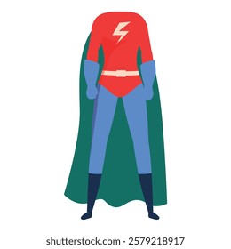 Cartoon superhero is standing in a classic superhero pose, wearing a cape and a costume