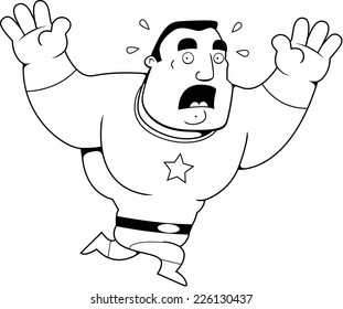 A cartoon superhero sweating and running scared.