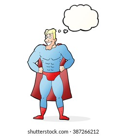 cartoon superhero with thought bubble