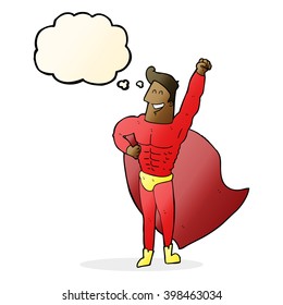 cartoon superhero with thought bubble