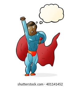 cartoon superhero with thought bubble