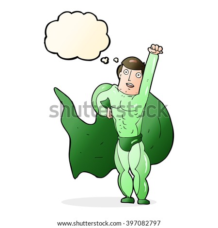 cartoon superhero with thought bubble