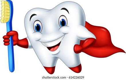 Cartoon superhero tooth with toothbrush