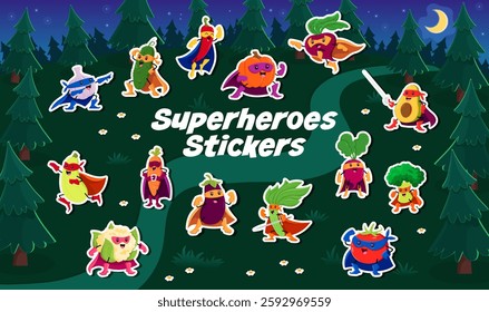 Cartoon superhero vegetable characters stickers pack, vector comic personages. Funny cucumber and tomato superhero with pumpkin superman and spinach defender with zucchini guardian in power mantle