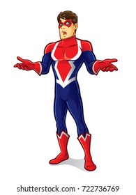 cartoon superhero wearing a mask is standing with eyes and body language regret, sad and disappointed