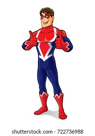 cartoon superhero wearing a mask is standing with two thumb up and friendly smile