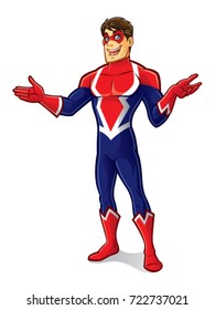 cartoon superhero wearing a mask is standing and invite to welcome with a friendly smile