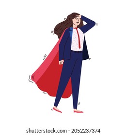 Cartoon superhero woman with business super power looking at horizon - modern businesswoman in red hero cape and suit, flat isolated vector illustration.