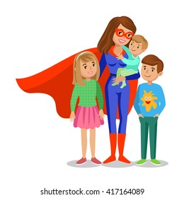 Cartoon superhero woman in red cape, female superhero, mother superhero with children's. Vector illustration