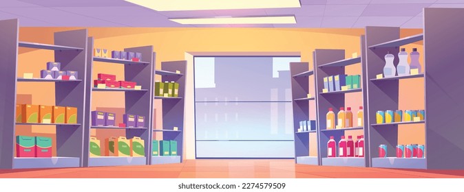 Cartoon supermarket aisle with large window. Vector illustration of shelves full of colorful cardboard boxes and food packages, bottles with beverages, lamps on ceiling. Grocery store department