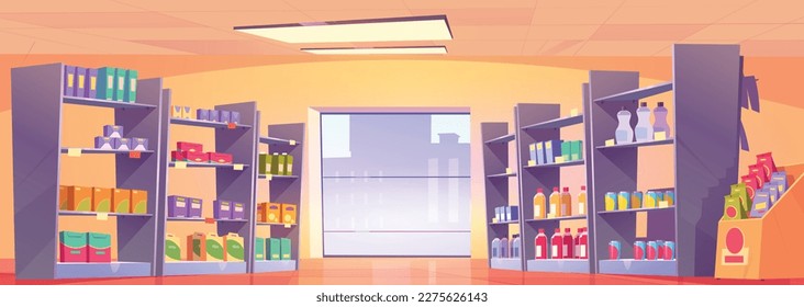 Cartoon supermarket aisle with large window. Vector illustration of shelves full of colorful cardboard boxes and food packages, bottles with beverages, lamps on ceiling. Grocery store department