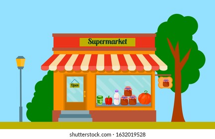 Cartoon supermarket facade of the building. Street view in flat style.  Front shop. Vector illustration. 
