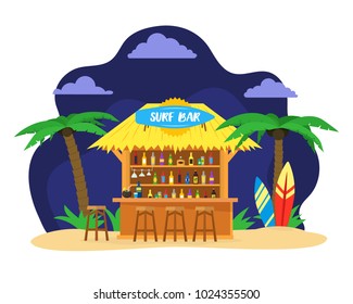 Cartoon Surf Beach Bar with Cocktail Drink and People Card Summer Vacation Travel Concept Flat Design Style. Vector illustration for Surfers Bars Menu