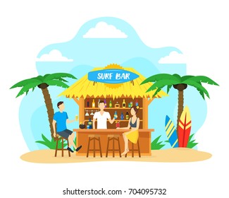 Cartoon Surf Beach Bar with Cocktail Drink and People Summer Vacation Travel Concept Flat Design Style. Vector illustration for Surfers Bars Menu