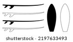 Cartoon surf board for wave, Surfboard front, top and side view. Surfer for water sport. surfing emblems, icon and label. Surfboards symbol. summer beach activity, surfing on sea waves sport.