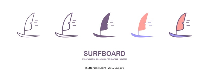 Cartoon surf board for wave, Surfboard front, top and side view. Surfer for water sport. surfing emblems, icon and label. Surfboards symbol. summer beach activity, surfing on sea waves sport.