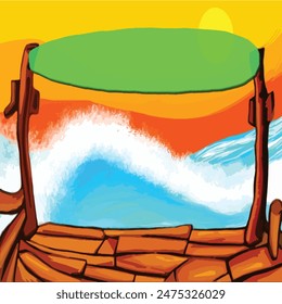 Cartoon surfboard on deck with sea in the background