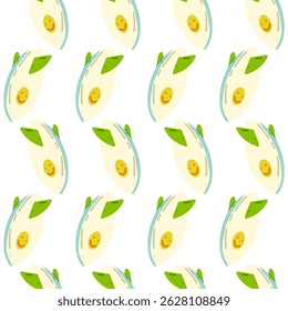 Cartoon Surfboard Seamless Pattern. Seamless pattern with smiling cartoon surfboards in flat summer style on white background, fun beach sport design.