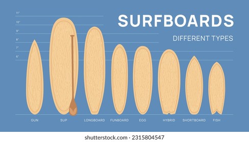 Cartoon surfboard types. Wooden boards. Water sports. Different sizes and shapes. Extreme hobby equipment infographic. Surfing or paddleboarding. Sapboard with paddle