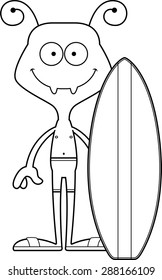A cartoon surfer ant smiling.