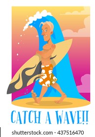 Cartoon surfer with board wave vector illustration card