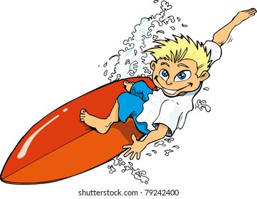 Cartoon surfer boy riding a surf board. Isolated on white