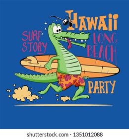 cartoon surfer crocodile vector design for kids t-shirt