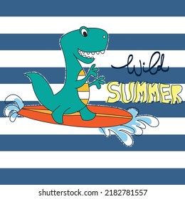 Cartoon Surfer Dinosaur Vector Illustration.