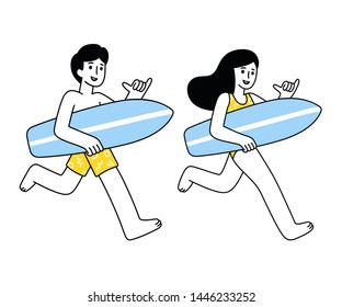 Cartoon surfer girl and guy couple running with surfboard making shaka hand gesture. Simple modern surfing characters, hand drawn isolated vector illustration.