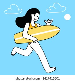 Cartoon surfer girl running with surfboard making "hang loose" shaka hand gesture. Simple modern surfing character vector illustration.