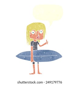 cartoon surfer girl with speech bubble
