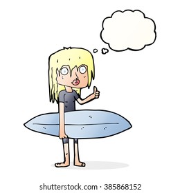 cartoon surfer girl with thought bubble
