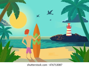 Cartoon Surfer holding a surf board on tropical beach. Vector illustration