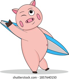 Cartoon Surfer Pig Vector Illustration
