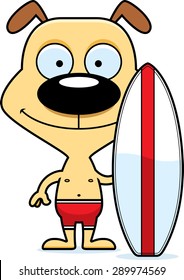 A cartoon surfer puppy smiling.