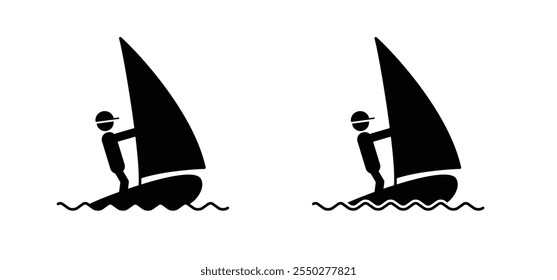 Cartoon surfista cavalgando em ícone de água. Pictograma de Windsurf e surf board. Sinal de prancha à vela. Conceito de transporte por água. Silhueta de onda de água. Diversão de água ou praia e esportes de férias.