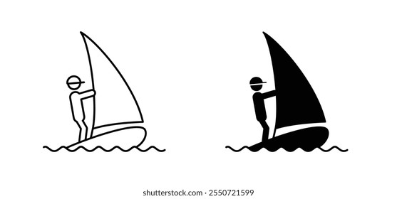 Cartoon surfista cavalgando em ícone de água. Pictograma de Windsurf e surf board. Sinal de prancha à vela. Conceito de transporte por água. Silhueta de onda de água. Diversão de água ou praia e esportes de férias.