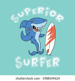 cartoon surfer shark drawn as vector for tee print