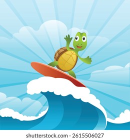 Cartoon surfer turtle ride on wave. Cartoon vector illustration