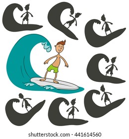 Cartoon surfer.Find the right shadow image. Educational games for kids.Vector stock illustration