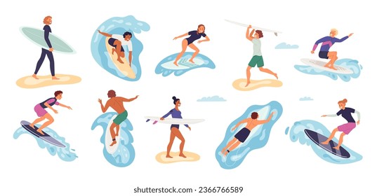 Cartoon surfers characters. Happy athletes dissect waves on boards. Summer vacation. Extreme water sport. People in swimwear and surf suits. Men and women at beach