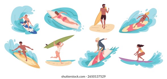 Personagens de surfistas. Homem mulher surfista na prancha de surfe onda do mar, verão praia surfing natação isolado personagem surg board homem menina pessoa set, elegante vetor ilustração original arte