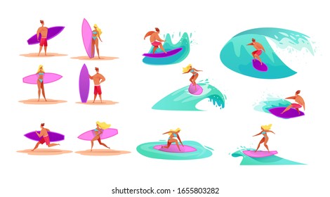 Cartoon surfers girls and boys set. Attractive young women and handsome men riding waves on surfboard in swimsuit in summer. Vector people at ocean vacation. Hawaii active people at tropical resort.