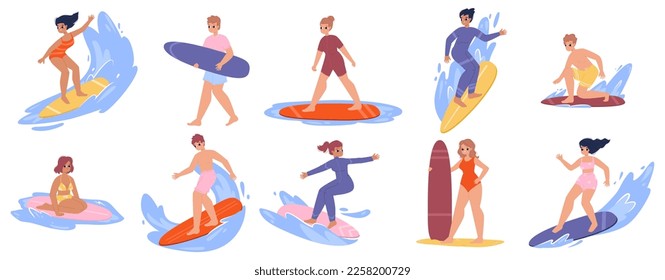 Cartoon surfers on surfboards. Surfing characters, summer teenagers active life. Young adults with surf, sea or ocean sport. Snugly vacations vector people