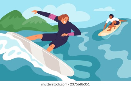 Cartoon surfers on water. Sea beach active relax. Happy guys cut through waves. Summer surfing. Extreme sport. Professional athletes swimming. People on surfboards