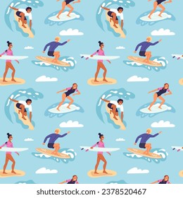 Cartoon surfers seamless pattern. Happy people dissect sea waves on boards. Summer vacation. Beach extreme sport athletes with surfboards. Surfing men and women. Garish