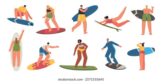 Cartoon surfers summer characters. Water sports people, wave riders on beach, guys and girls with boards, funny extreme athletes, vector set