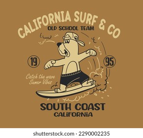 cartoon of a surfing bear for t shirt printing